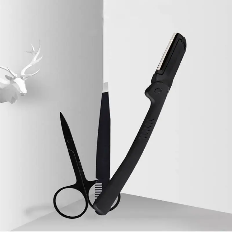 3 Pcs Eyebrow Tweezers Razor Scissors Professional Eyebrow Grooming Kit Stainless Steel Eyebrow Trimmer