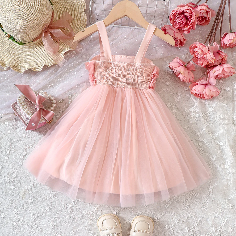 Summer New Fashion And Trendy Casual Solid Color Strap Spliced Mesh Flower Dress For Primary And Secondary School Girls