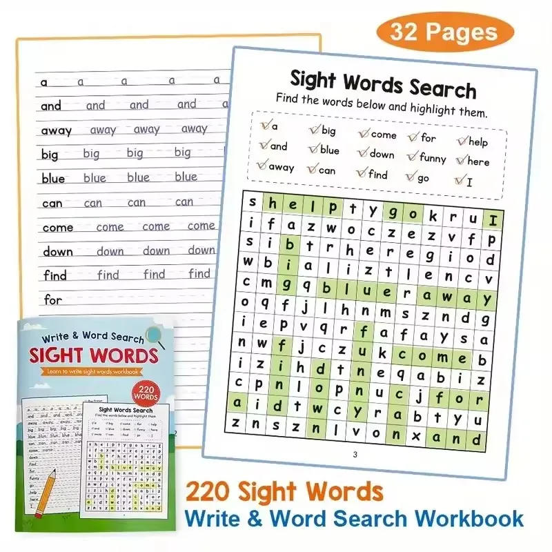 Learning Workbook 220 Sight Words with Answer Key Educational Handwriting Sight Words Search Games for Age 3+ School Supplies