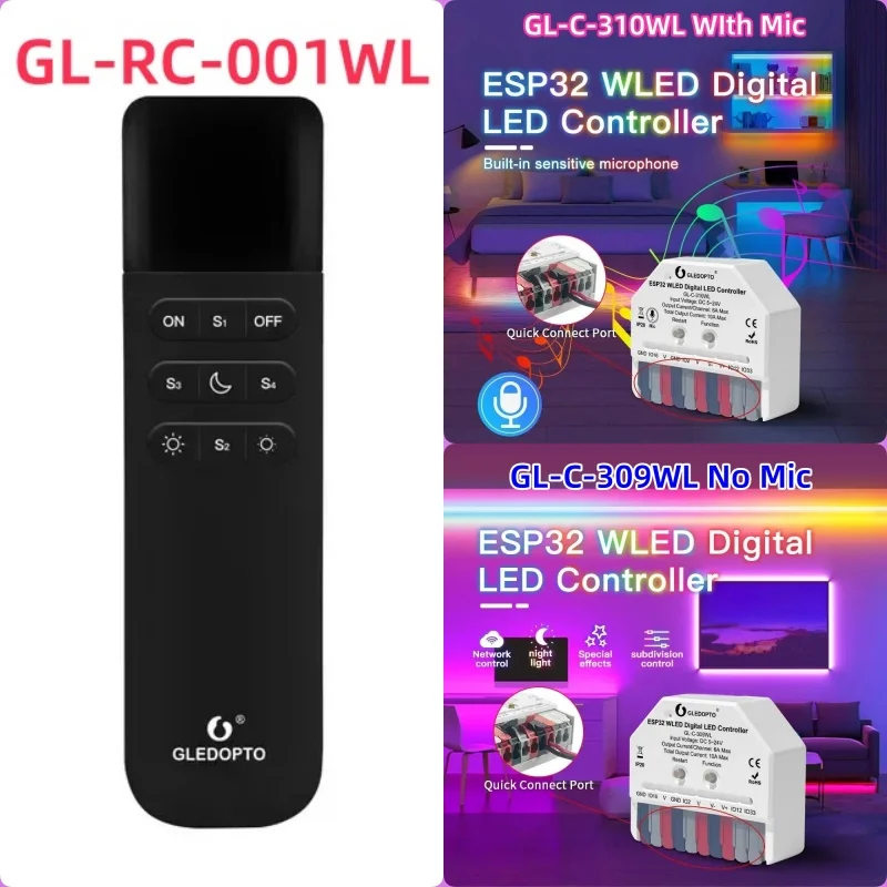 GL-C-310WL/GL-C-309WL Ultra Mini ESP32 Wled controller GL-RC-001WL Wled Remote for WS2811/2812 SK6812 TM1814 WS2813 WS2815 Strip