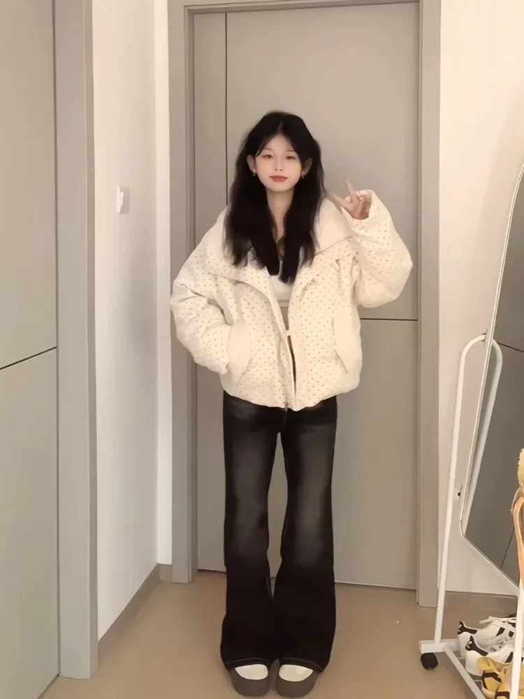 Parki damskie z bawełny puchowej w korduroy w kropki, nowe, grube, luźne kurtki z futrzanym kołnierzem na zimę 2025, koreański szyk Harajuku, ciepłe topy