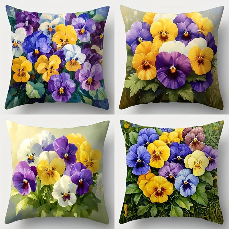 4Pcs Pansy Flower Pillow Covers 45x45cm Double-sided Printed Purple Yellow Blue Floral Cushion Cases Garden Home Decor Throw