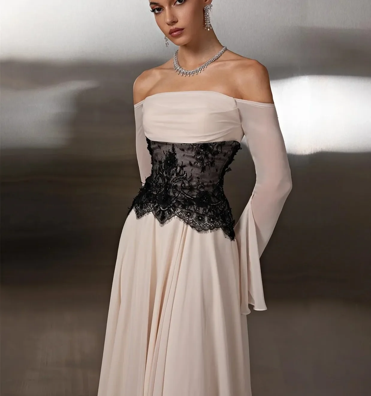 Remote Moon White Off The Shoulder Long Sleeves Evening Dresses Black Lace Corset Long Wedding Guest Prom Gowns MN651 Customized