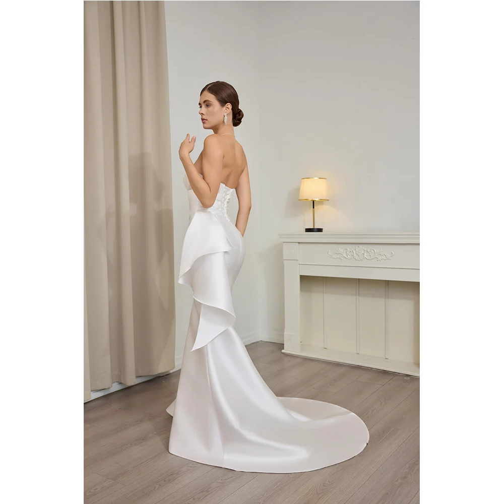 Customized Off Shoulder Satin Wedding Dress Sleeveless Lightweight Engagement Bridal Gown with Train for Summer Wedding