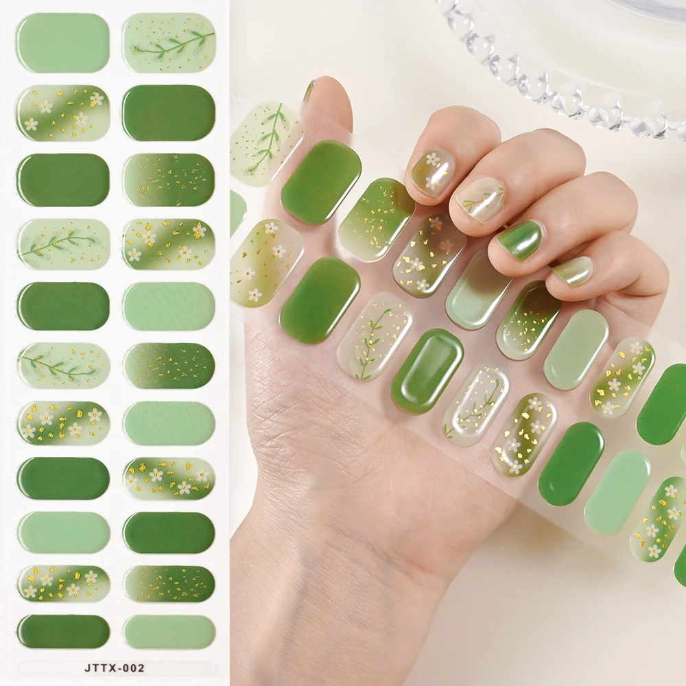 22Tips Ice-Transparent Gradient French UV Nail Sticker With Flower/Leaf Nail Wraps Sticker Full Cover Semi-Cured Gel Nail Slider