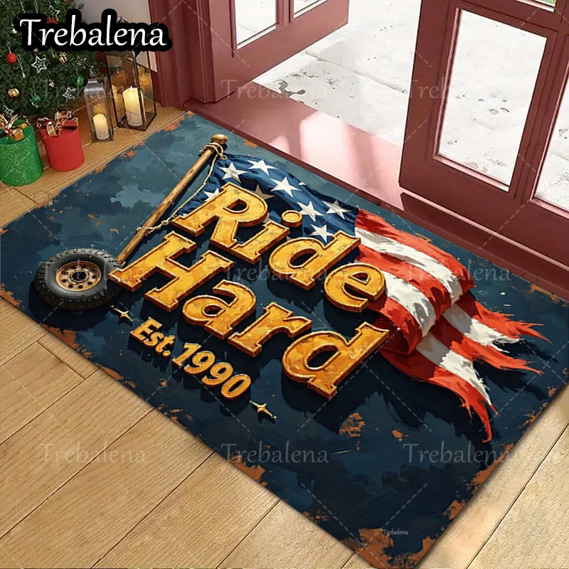 

1pc Welcome Door Mat American Flag Ride Hard Est 1990 Doormat Vintage Style Welcome Mat