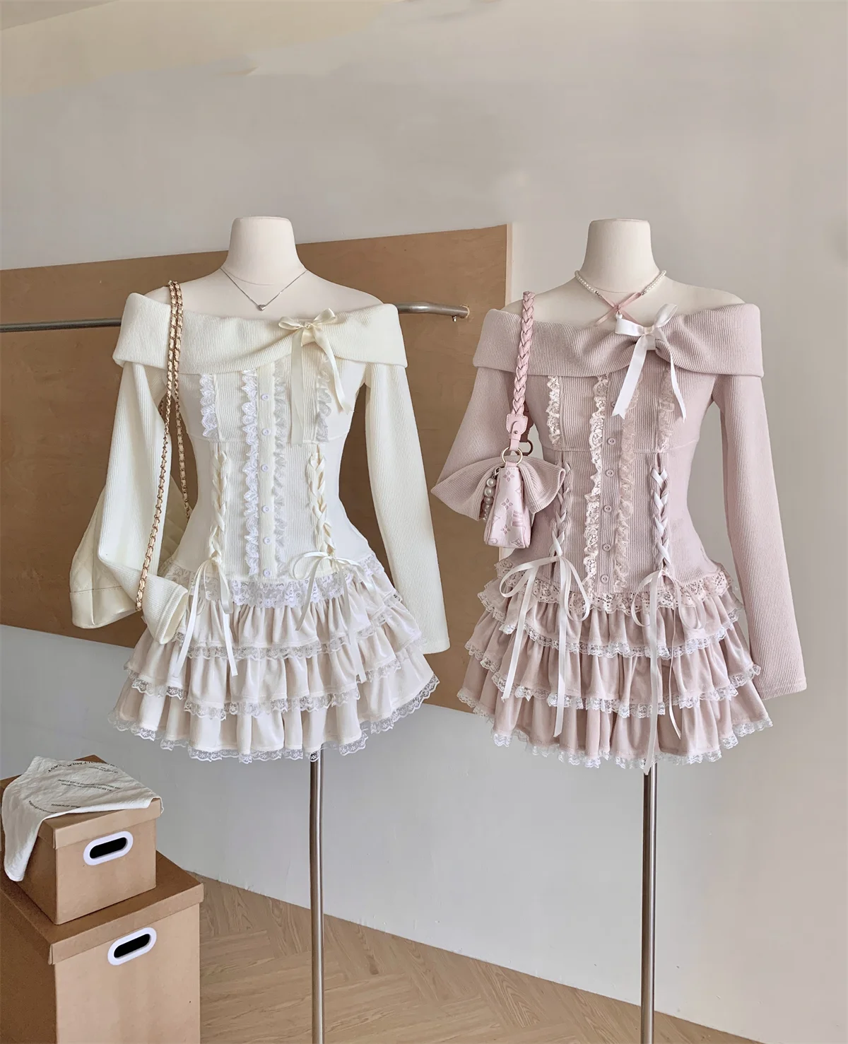 Women Fall y2k Sexy White Pink Purple Knitted 2 Piece Matching Sets Coquette Gyaru Bow Off Shoulder Outfits Cutecore mini Skirts