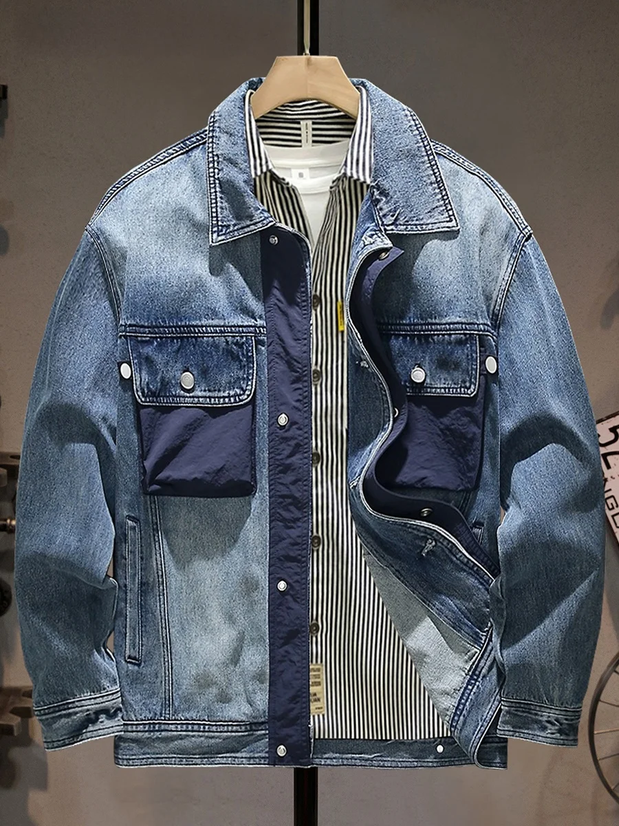 

Retro Waed Casual Men's Denim Jaet Multi ket Heavyweight American Workwear Sle Motorcycle Jaet Trendy Streetwear