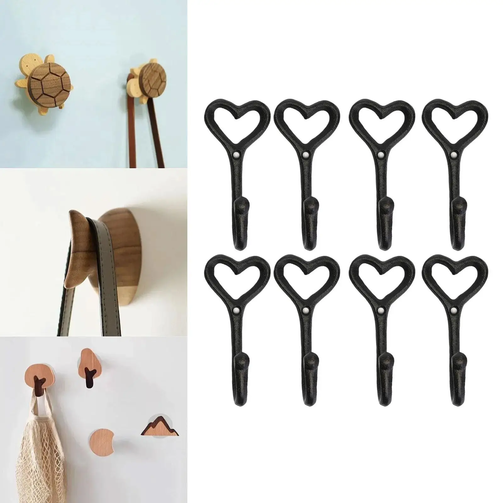 

8x Decorative Wall Hooks Coat Hooks Love Heart Shape Black Antique Finish Key