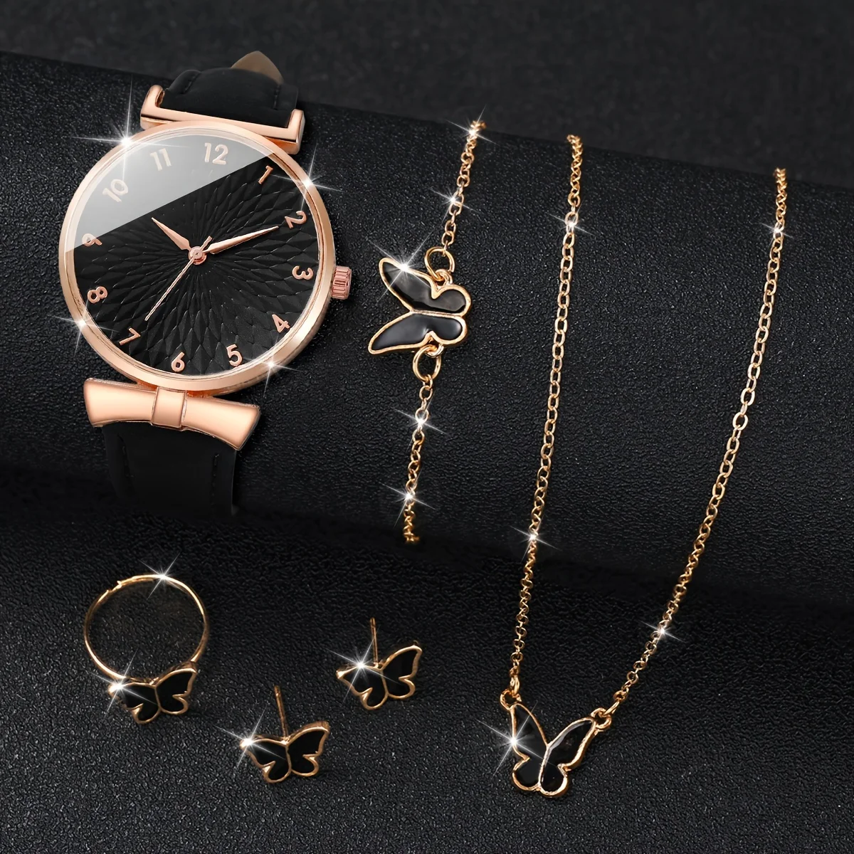 여성용 캐주얼 패션 쿼츠 시계, 아날로그 PU 가죽 손목 시계 및 나비 쥬얼리 세트, 엄마에게 선물, 6 개/세트