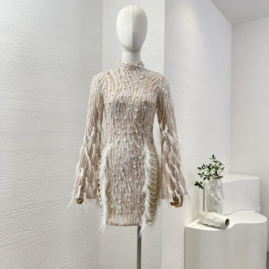 2024 New Women Autumn Long Sleeve Feather Sequins Beading Stand Collar Mini Dress