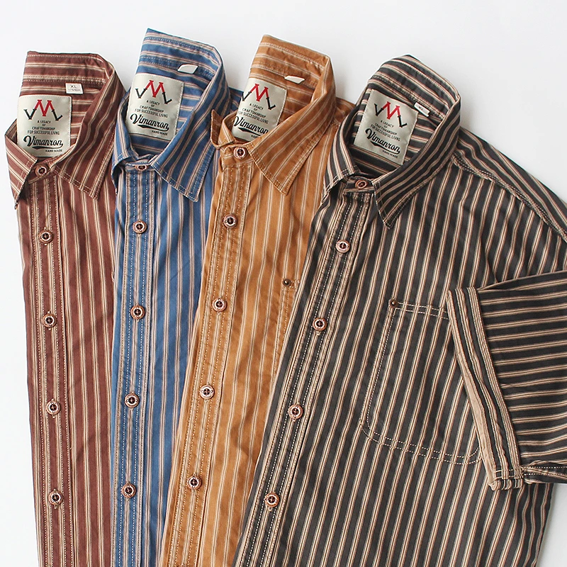 Pure Cotton Washed American Casual Striped Shirt Summer Thin Loose Retro Vertical Stripe Men's Shirt Breathable Short Sleeve