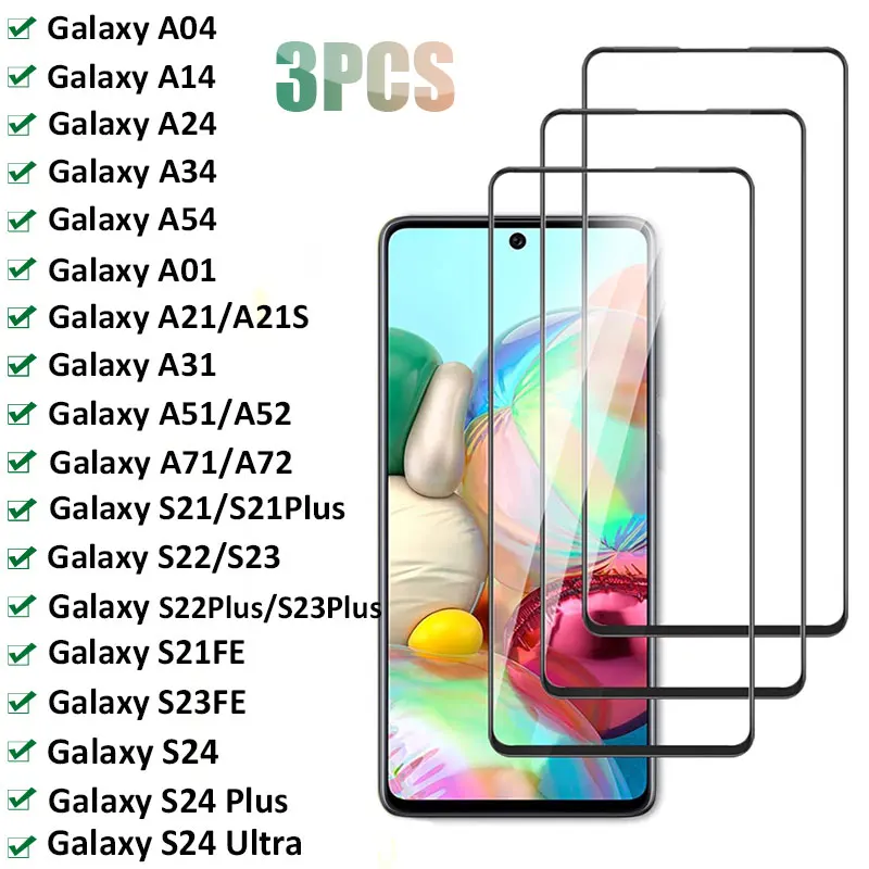 3PCS Full Cover Glass For Samsung Galaxy A52 A51 A71 A72 A21S A04 A14 A54 A34 A24 S22 S23 S24 Plus S21FE Screen Protector Film