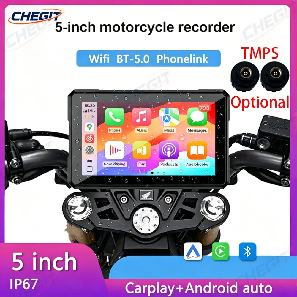 

Motorcycle GPS Navigation Screen with Carplay Android Auto 5 inch IP67 Waterproof Touchscreen Bluetooth Audio TPMS Optional