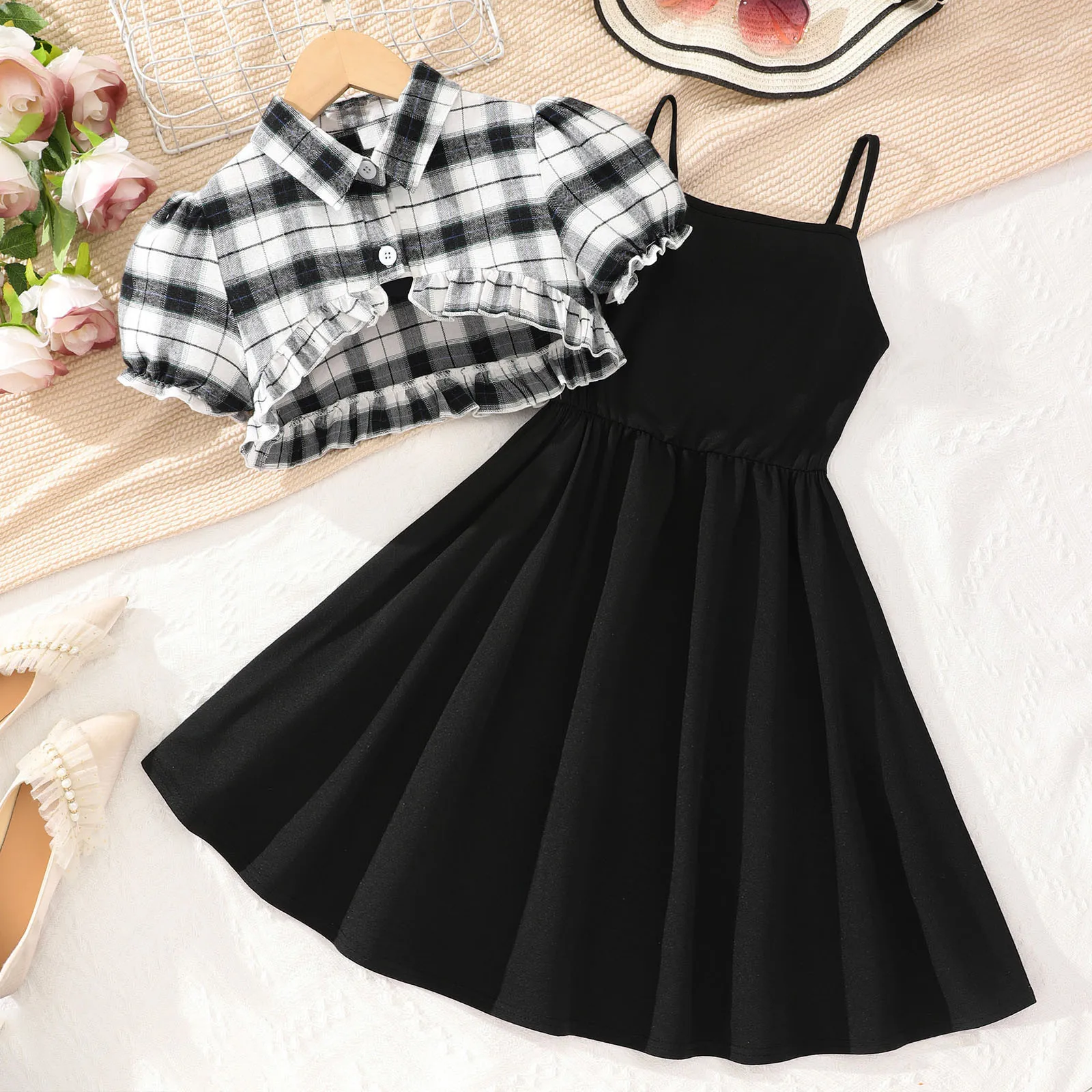 

New Toddler Girls Dress Elegant Dress Asymmetric Plaid Shirt + Suspender Dress Two-piece Set Elegant & Classic Summer Outfit