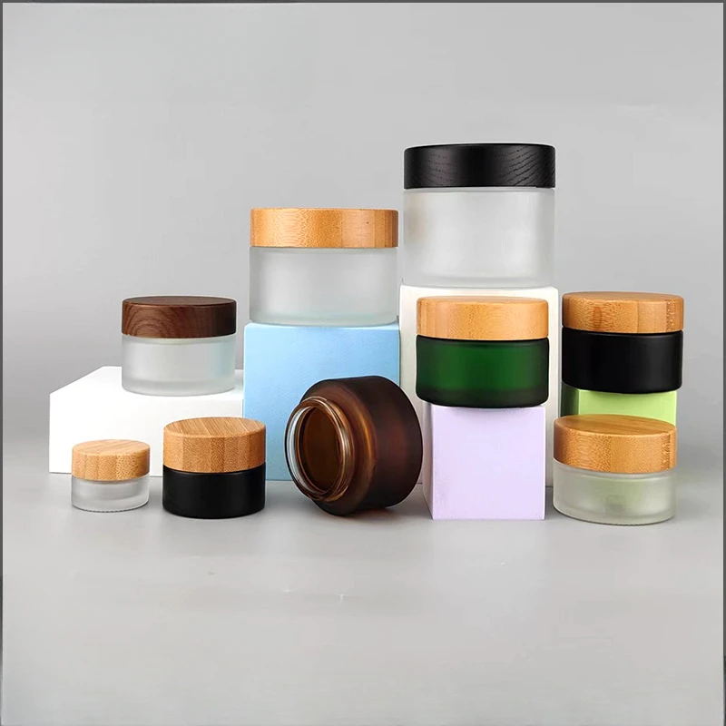 Wholesale Solid Wood Wooden Cover Cosmetics Cream Bottle 15G 30G 50G 150G 200G Frosted Green Black Glass Cream Jar Bamboo lids