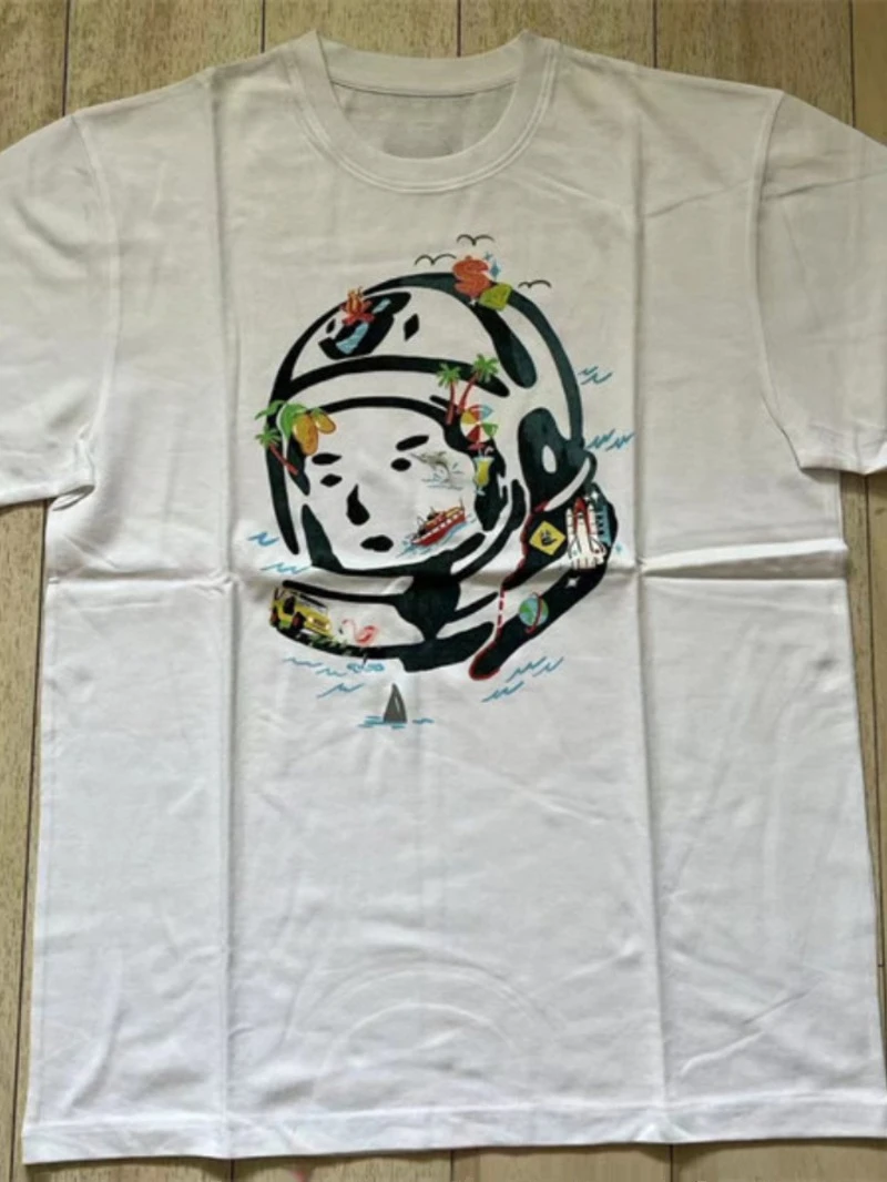 ​ ​ Мужская футболка, шлем астронавта, тропический принт, пальмы, пляжный зонтик, винтажная контрастная хлопковая футболка, остров, жизнь, отдых