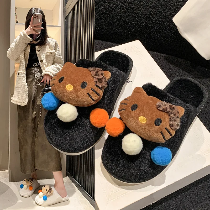 Sanrio Hello Kitty Autumn and Winter Plush Warm Women's Cotton Slippers Fashion Doll Hairball Couple Non-slip Home Slippers