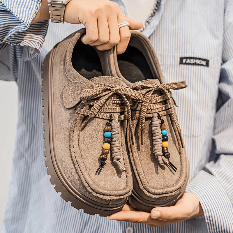 

Fashion Men's Casual Shoes Suede Leather Breathable Man Loafers Walking Shoes Lace-Up Platform Shoes Lightweight Driving Shoes