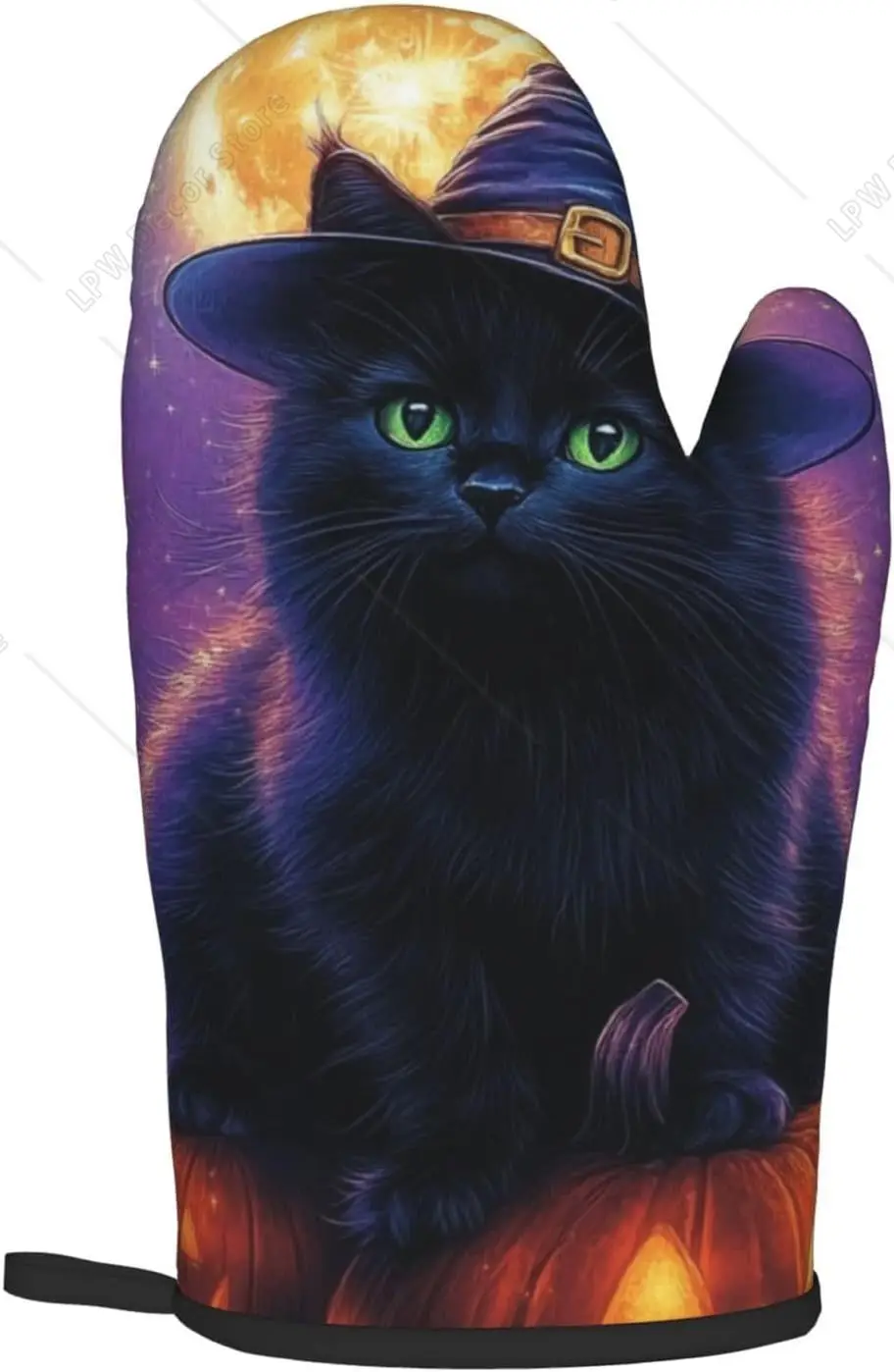 Cat Pumpkin Bat Moon Print Oven Mitts and Pot Holders Set of 2 Heat Resistant Oven Mitten Potholders for BBQ Cooking