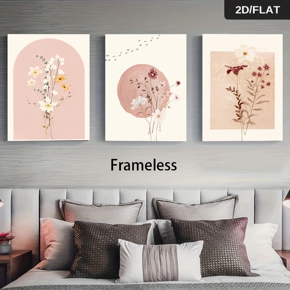 1 set of triptych frameless decorative paintings, small fresh floral art decorative paintings, 2D plan