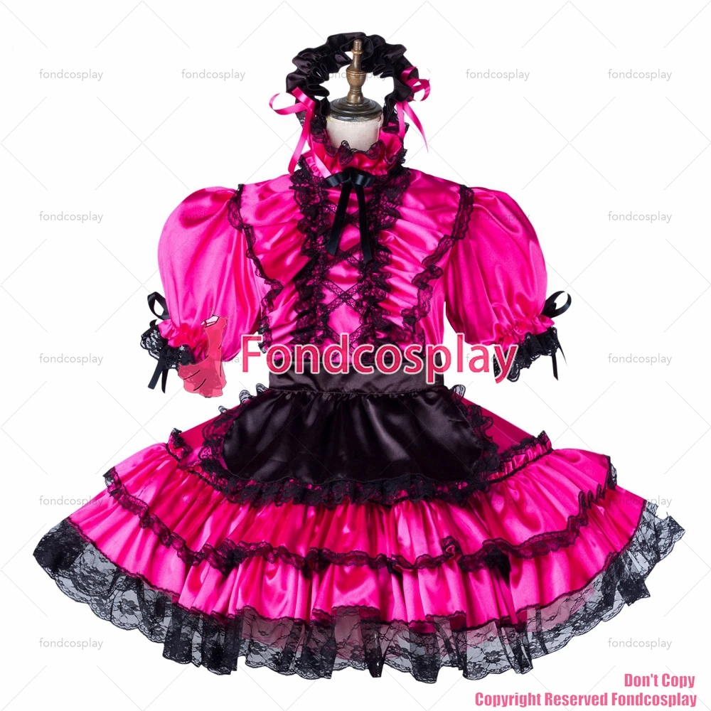 fondcosplay adult sexy cross dressing sissy maid hot pink satin dress lockable Uniform black apron costume CD/TV[G2201]