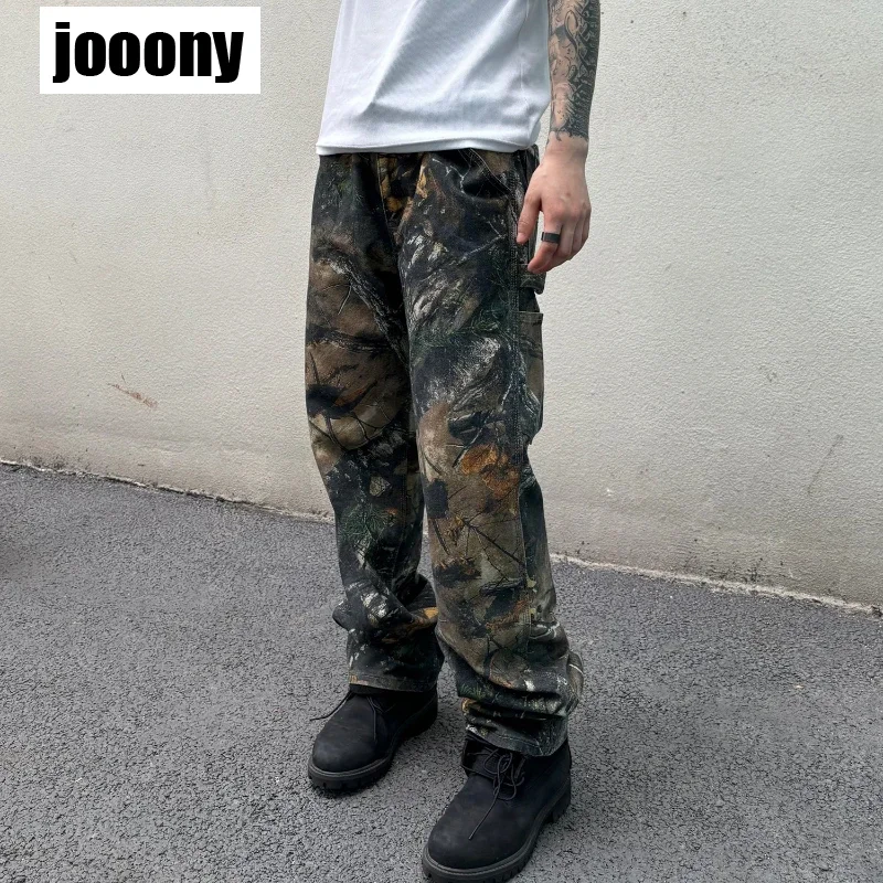 American Tree Patterned Camouflage Jeans For Men Ins Loose Harajuku Straight Tube Printed Trendy Men Hip-hop Pants Personalized