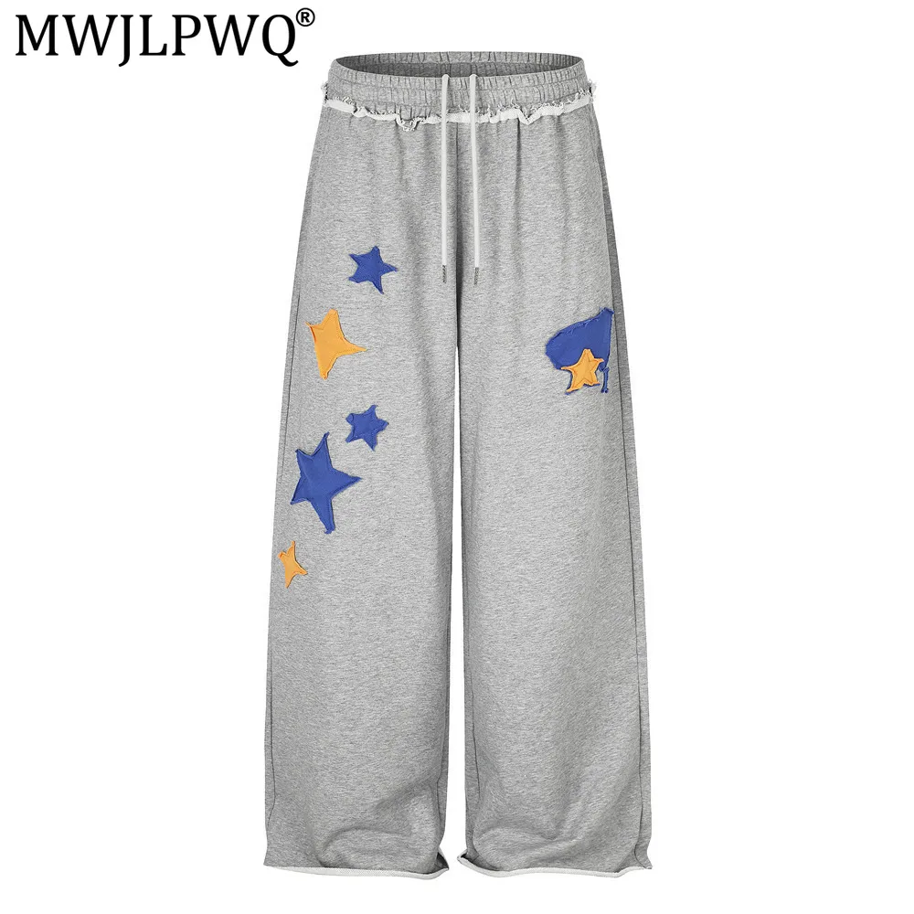 MWJLPWQ Men's Wide-Leg Straight Sweatpants Embroidery Hip-Hop Trendy Unique Design Frayed Edges Casual Sports Trousers 20961