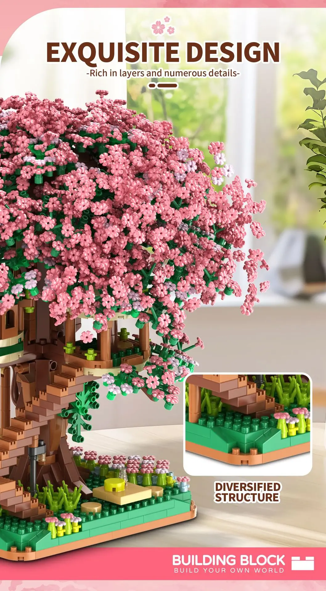 Baumhaus-Baustein-Set, Regenbogen-Sakura, Weihnachten, rote Kirschblüten, 3D-Modell, Mini-Bausteine, Figuren, Spielzeug für die Heimdekoration – Detail 14