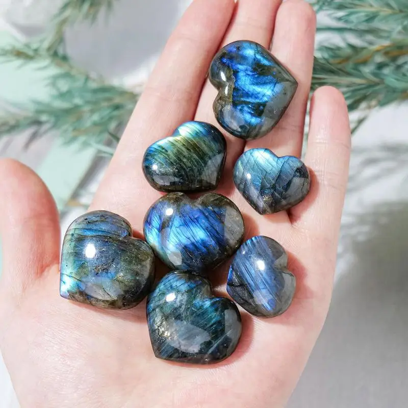 Natural Labradorite Crystal Heart Palm Stone Mineral Reiki Pocket Crystal Puff Healing Stones For Good Luck Charm Meditation