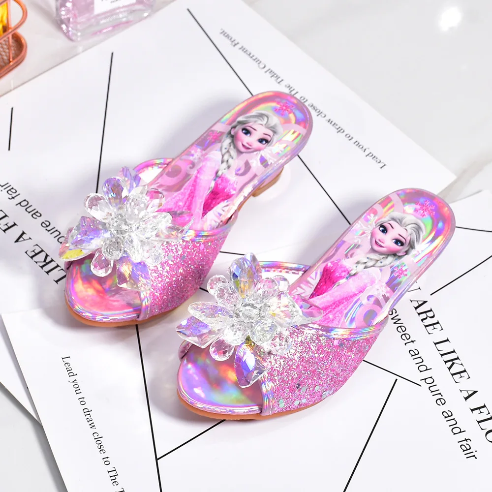 Disney Frozen Princess Elsa Shoes Slippers Girls' High Heels Mules Fashion Crystal Shoes Children's Summer Sandals Size 26-37