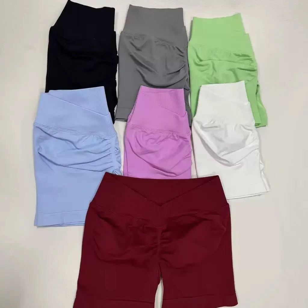 Women Seamless High Waist Yoga Shorts V Back Scrunch Butt Biker Shorts Gym Fitness Workout Running Sports Shorts Push Up Hip Act