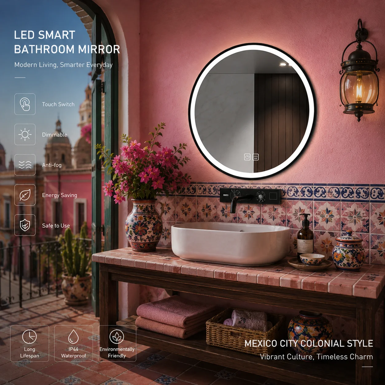 Anti-Fog LED Backlit Circular Mirror 60cm Round Smart Touch Dimmable 3 Colors Bathroom Vanity Mirror Wall Mounted Mirror Wall