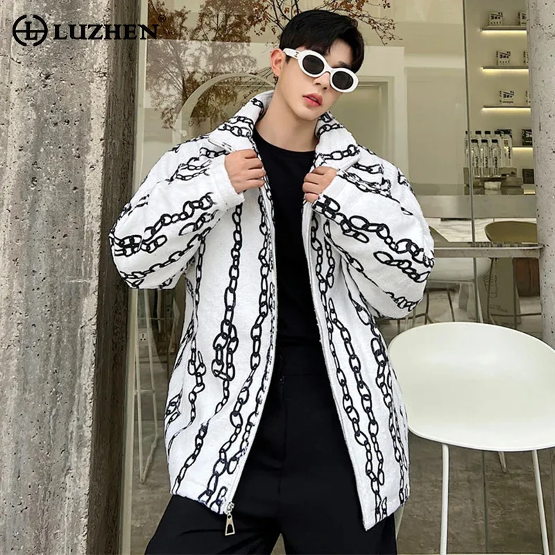 LUZHEN Chain Pattern Printed Wool Coat Men's Original Fashion 2024 New Street Jacket Trendy Korean Reviews Many Clothes LZ7060