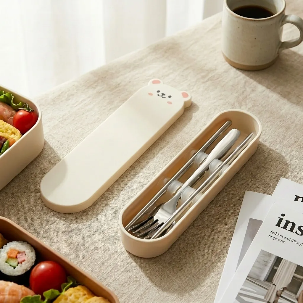 Stainless Steel Utensils Cutlery Set Spoons and Forks Set with Organizer Chopsticks Bear Case Kids School Travel Tableware