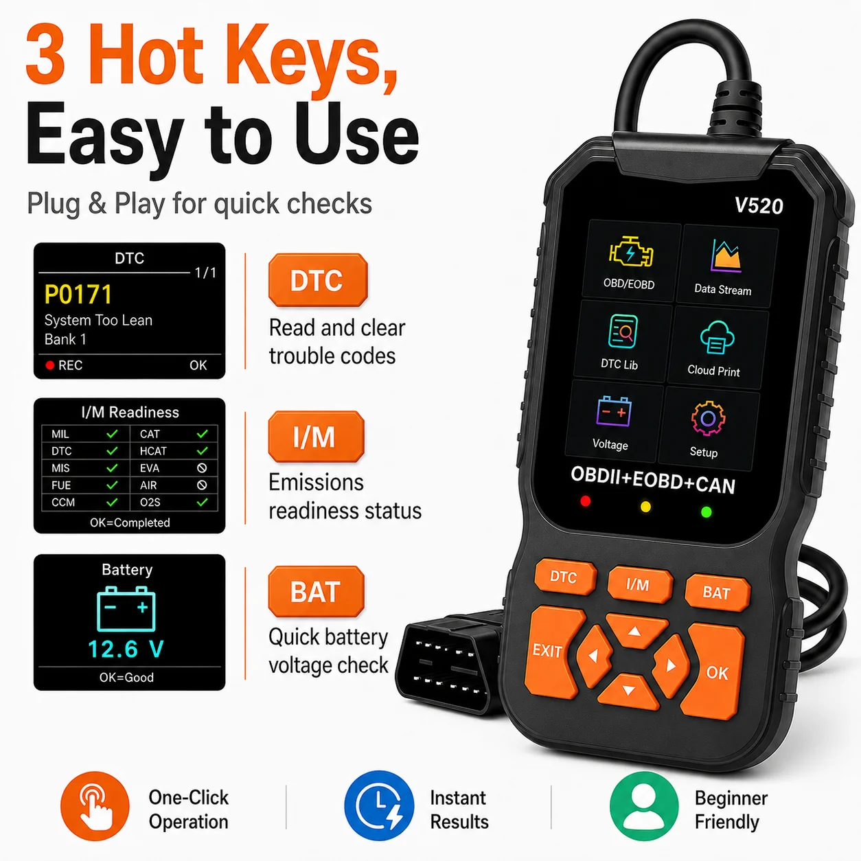 V520 Professional OBD2 Scanner Car Engine Code Reader 8 Languages Auto Diagnostic Scan Tool Fault Code Clearer Live Data Stream