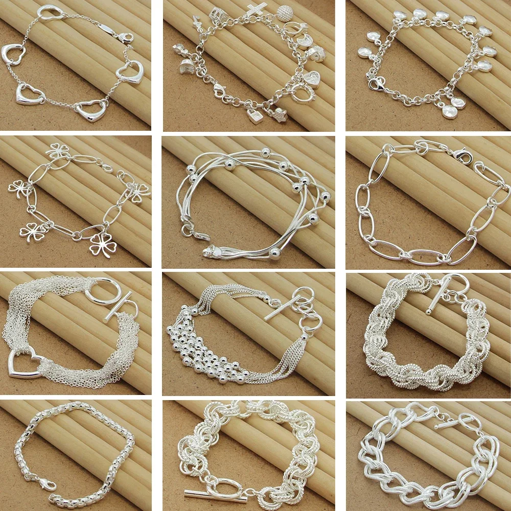 

New 925 Sterling Silver Bracelet Four-Leaf Clover Heart Snake Bone Bracelet For Women Men Charm Jewelry Gift