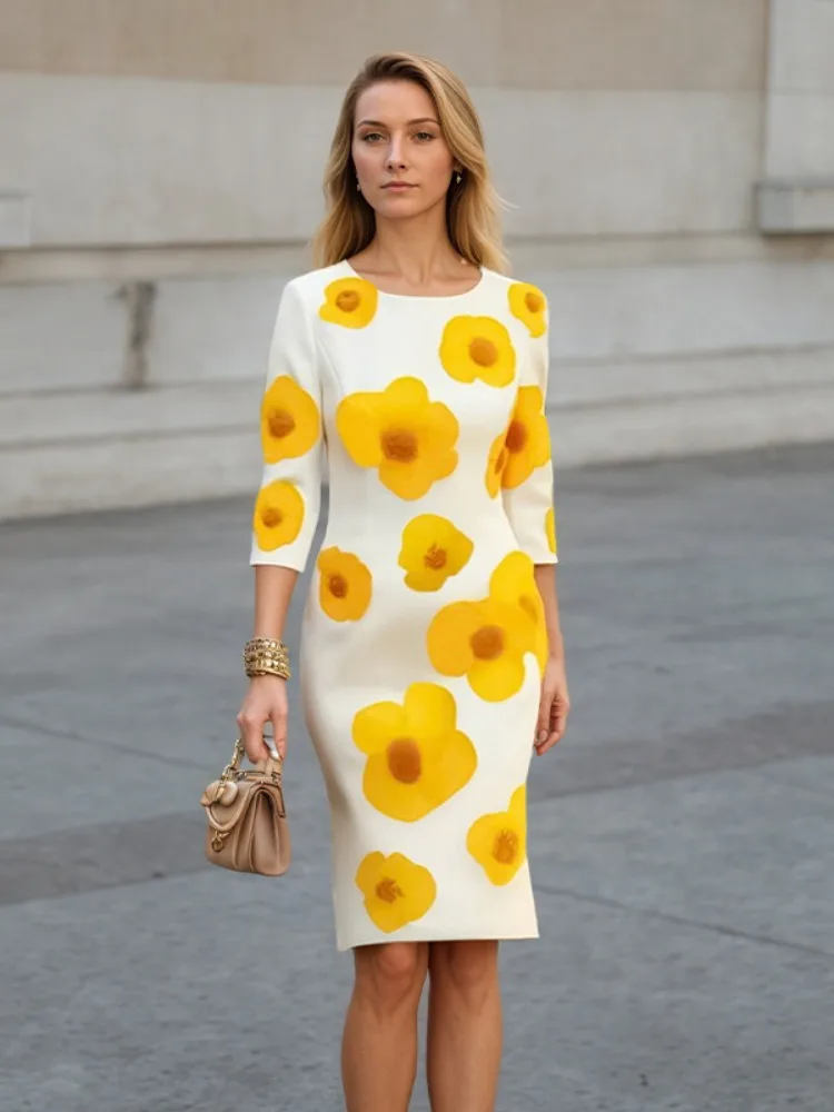 Abito longuette da donna con stampa floreale grande autunno Moda manica a tre quarti Una linea elegante tendenza casual da indossare ogni giorno Abito da ospite per feste