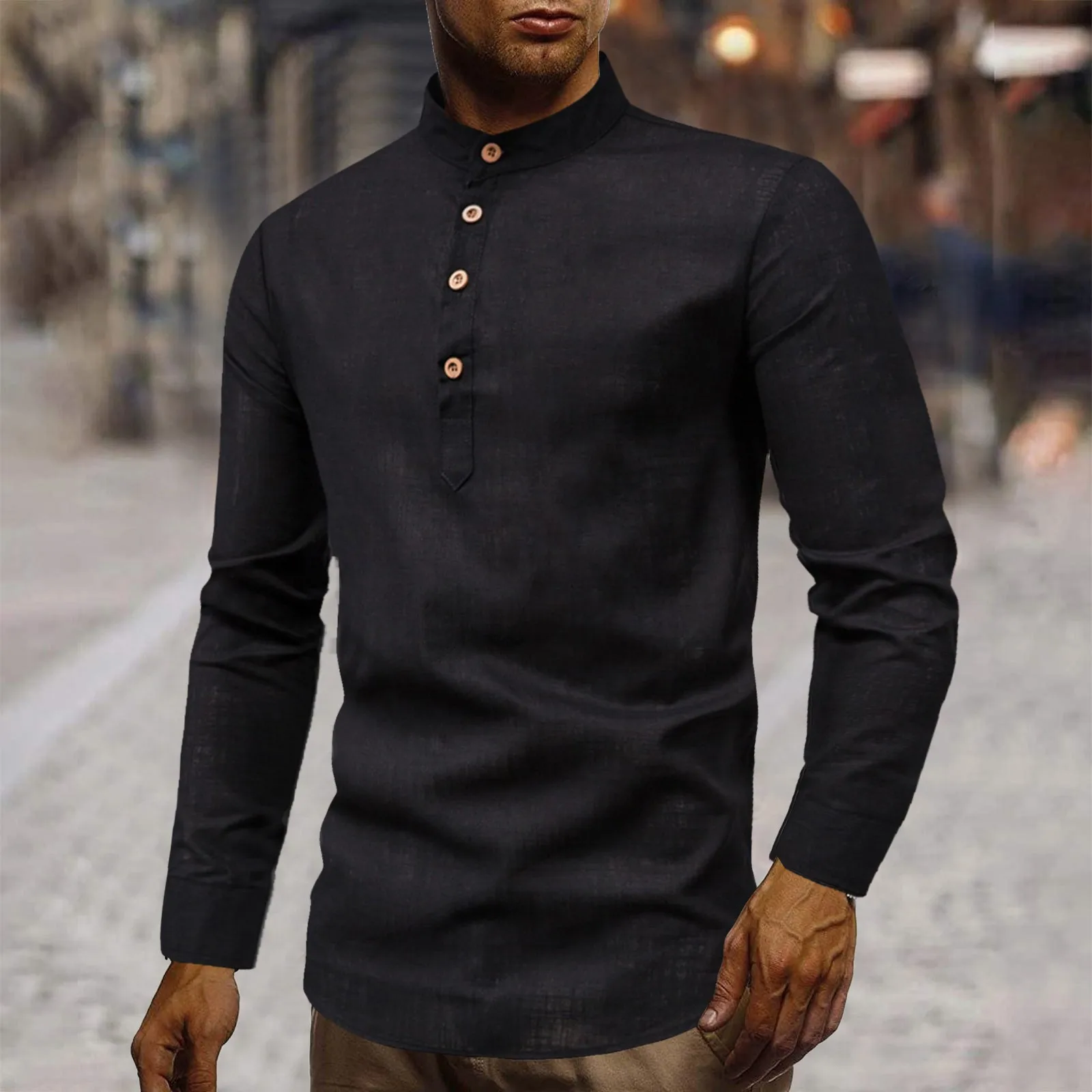 Spring Autumn Male Blouse Long-Sleeved Shirts Solid Color Stand-Up Collar Casual Shirt With Button Elegant Business Tops