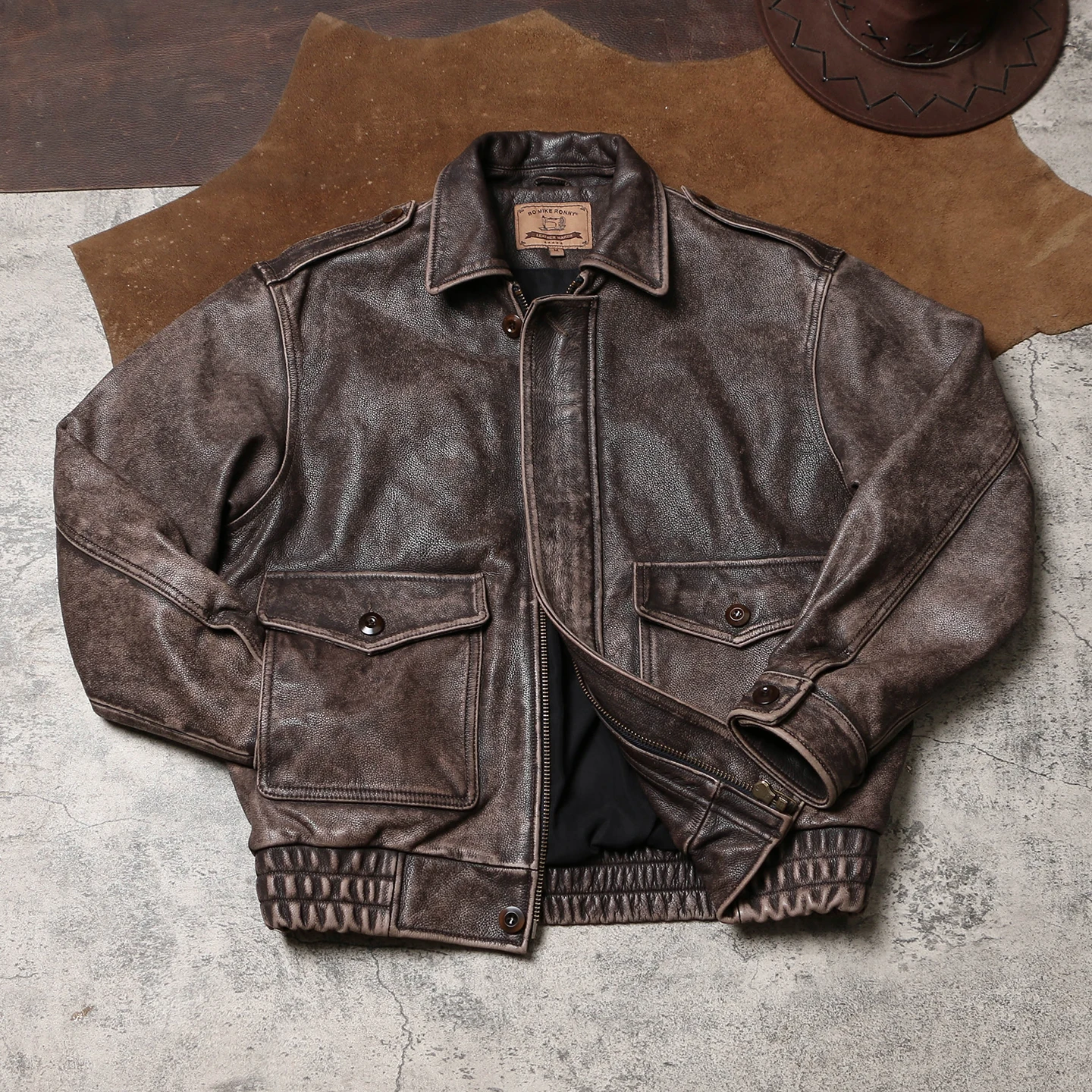 Tailor Brando Wash-Distressed Vegetable-Tanned Cowhide Men's Oversized Vintage Classic Genuine Leather Jacket