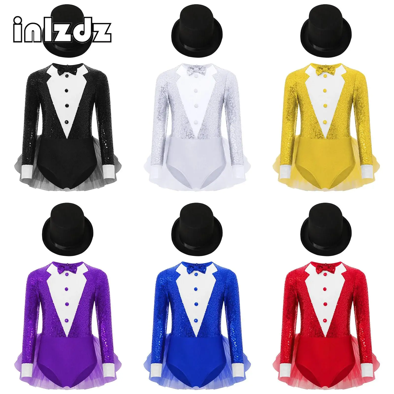 Costume da spettacolo di danza jazz per ragazze, mago di Halloween, vestito cosplay, manica lunga, corpetto con paillettes, body con gonna in tulle + set di cappelli