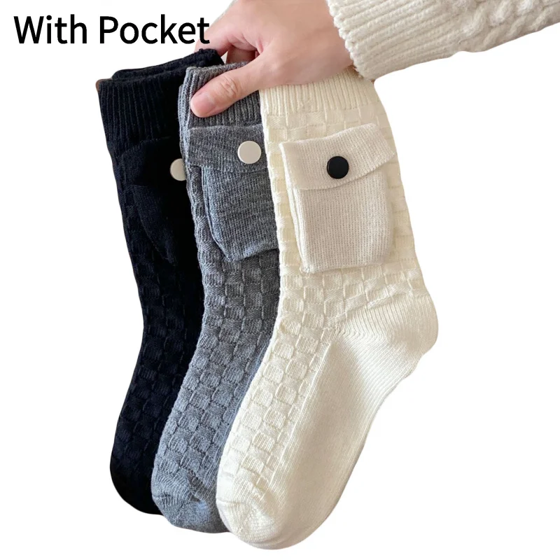 3 Pairs New Woman Girls Pocket Plaid Tube Sock Black White Grey Outdoor Sport Hilking Climbing Cotton Socks With Small Pockets