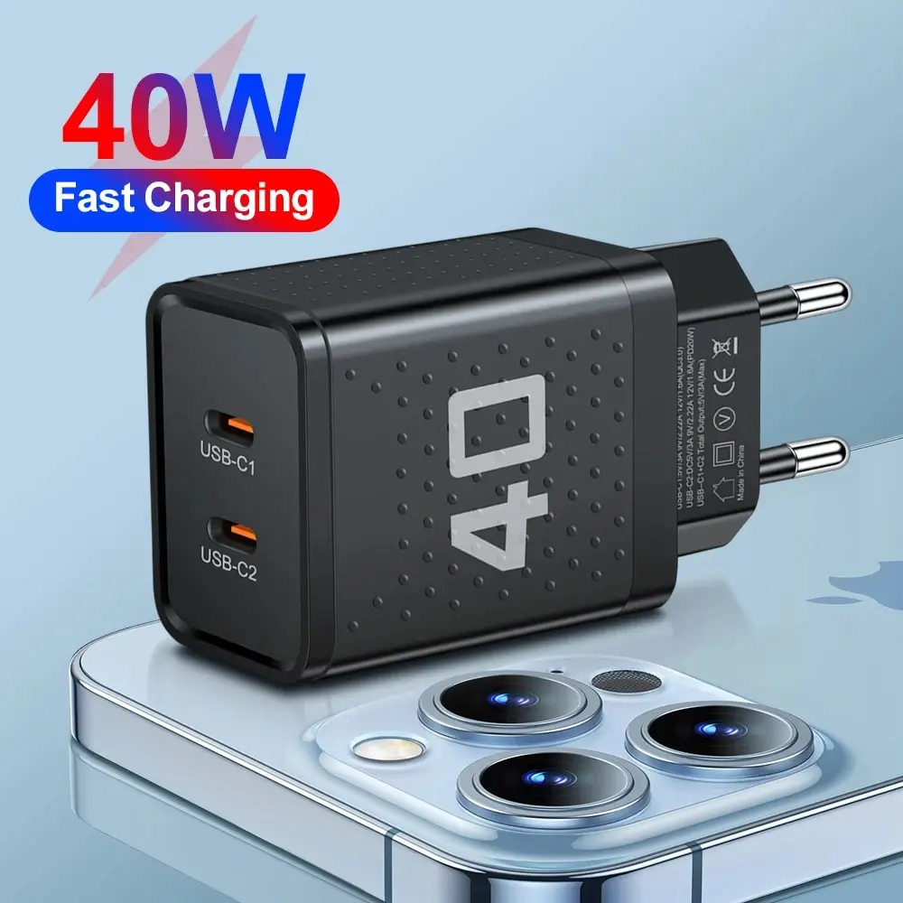 Total PD 40W 2 Ports USB C Chrager Fast Charger Type C For iPhone 14 15 Xiaomi Samsung Huawei Quick Charge QC 3.0 Adapter