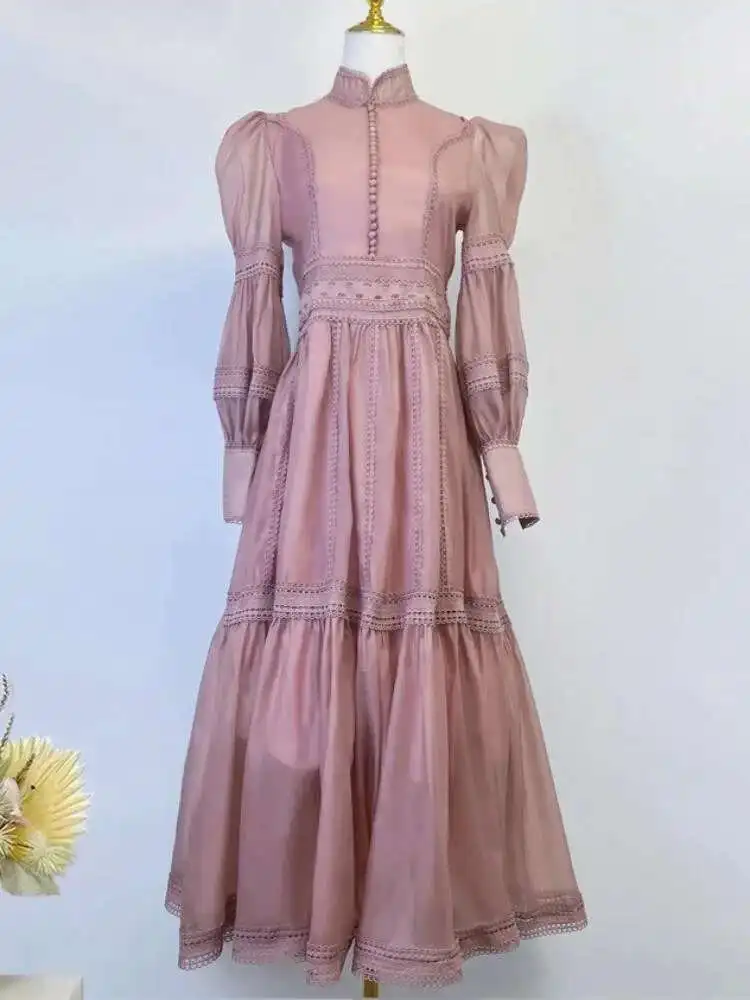 

Luxury Designer Autumn Single Breasted Button Maxi Evening Dresses For Women Lace Patchwork Turtleneck Long Lantern Sleeve Robe