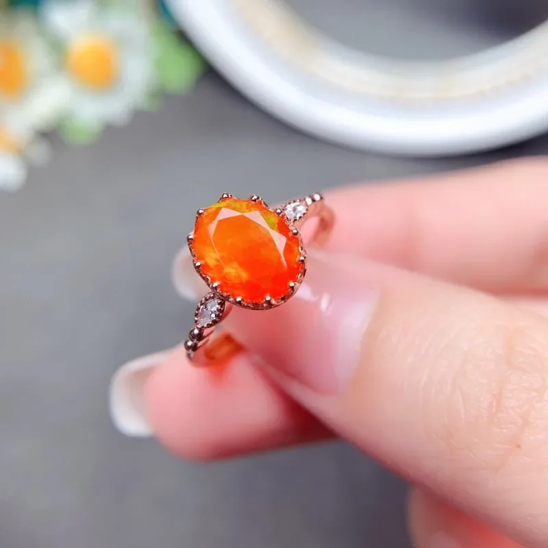 100% Genuine 925 Sterling Silver Oval Orange Fire Opal Ring for Women Fine Jewelry Birthstone Ring Gift