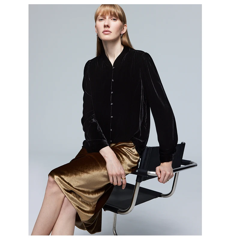 เสื้อเชิ้ตผู้หญิงผ้าไหมกำมะหยี่หรูหรา 100% แขนยาว คอตั้ง สไตล์ฝรั่งเศส สวยสง่า เนื้อผ้านุ่มละมุน อ่อนโยนต่อผิว