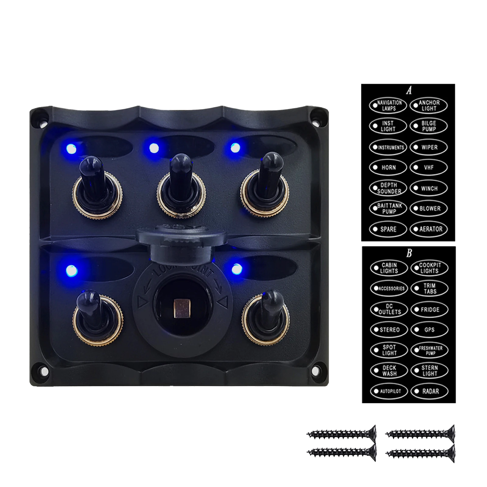 

Car Marine Waterproof LED Rocker Switch Panel 5 Gang Toggle Switch DC 12V-24V Power Oult Socket Boat RV Dashboard Control Panel