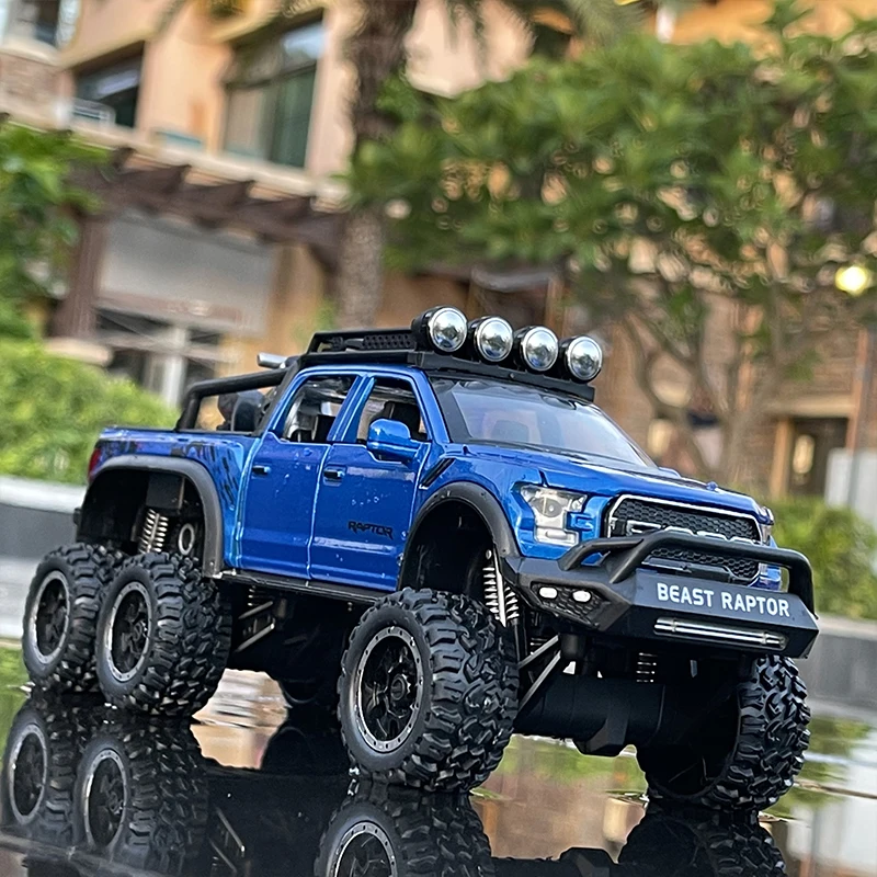 

1:28 Ford Raptor F150 Big Wheel Alloy Diecast Car Model With Sound Light Pull Back Car Toys For Children Xmas Gifts