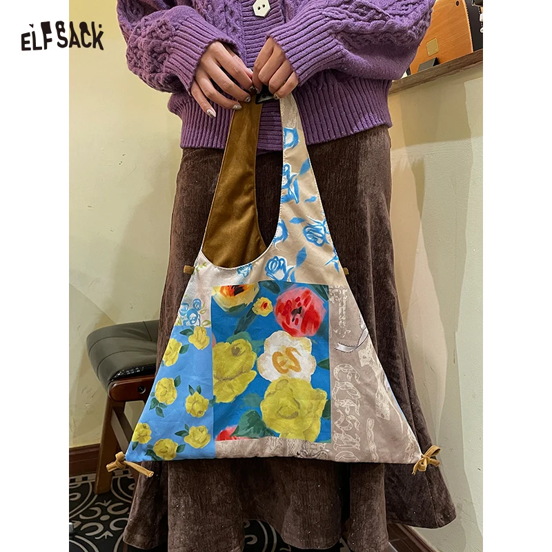 ELFSACK 2025 Winter New Arrivals Casual Color Block Print Tote Bag For Woman