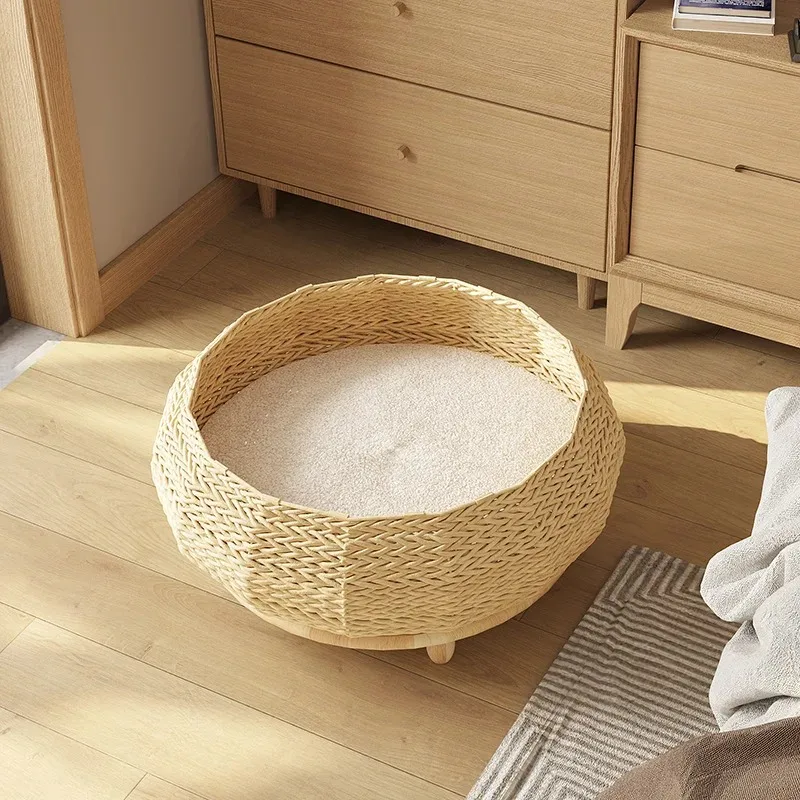

High-End Round Solid Wood Cat Sleeping Bed Eco-Friendly Woven PP and Linen Cat and Dog Mat Premium Pet Supplies for Winter Use